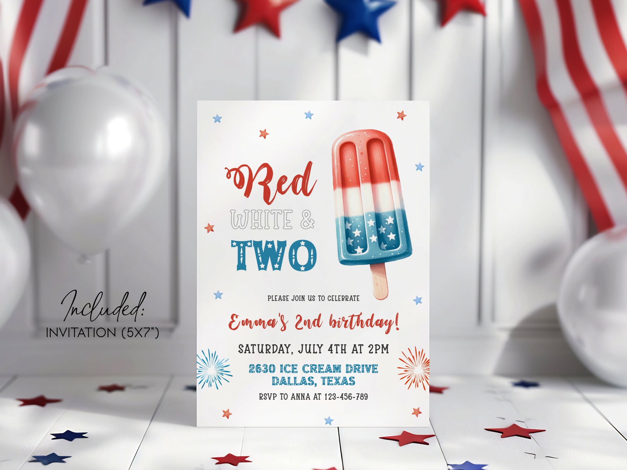 Red White and Two Birthday Invitation, 4th of July Patriotic 2nd ...