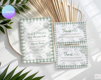 Invitación "She's Fresh Off The Market" - Tema de cuadros verdes (plantilla de Canva) FH3
