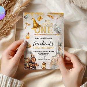 The Chosen One Birthday Set, Magician 1st Birthday Invitation, Magic Party 1st Birthday Evite, Wizard School Birthday Party Invite WD1