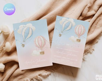 Hot Air Balloon Gender Reveal Invitation, Cloud Baby Shower Invite, He or She Reveal Party Invite, Watercolor Balloon Boy or Girl Invite