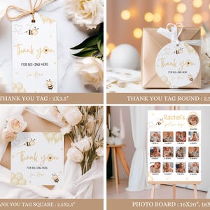 May include: A set of printable baby shower decorations featuring a bee theme. The set includes a thank you tag, a round thank you tag, a square thank you tag, and a photo board. The tags are white with gold accents and feature a bee and honeycomb design. The photo board is white with gold accents and features a bee and honeycomb design. The photo board has 12 spaces for photos. The text on the tags reads "Thank you for bee-ing here". The text on the photo board reads "Rachel's first year birthday".