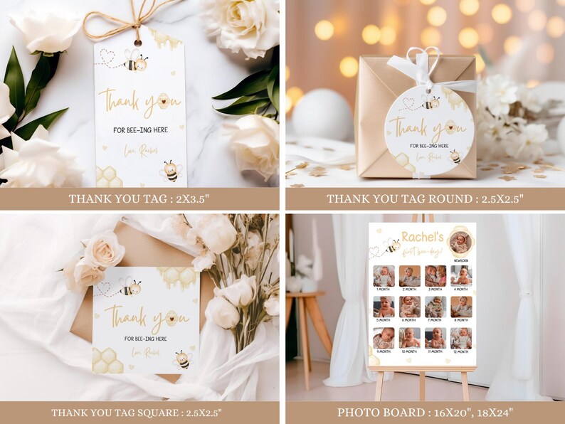 May include: A set of printable baby shower decorations featuring a bee theme. The set includes a thank you tag, a round thank you tag, a square thank you tag, and a photo board. The tags are white with gold accents and feature a bee and honeycomb design. The photo board is white with gold accents and features a bee and honeycomb design. The photo board has 12 spaces for photos. The text on the tags reads "Thank you for bee-ing here". The text on the photo board reads "Rachel's first year birthday".