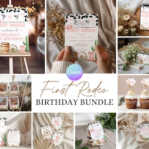 Cowgirl 1st Birthday Bundle, Editable 1st Rodeo Birthday Kit, Girl First Rodeo Party Package, Wild West 1st Birthday Decorations Set RO1