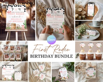 Cowgirl 1st Birthday Bundle, Editable 1st Rodeo Birthday Kit, Girl First Rodeo Party Package, Wild West 1st Birthday Decorations Set RO1
