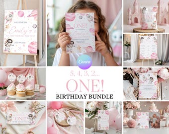 Pink Space First Birthday Bundle – First Trip Around Sun (Editable Canva Template) AS4