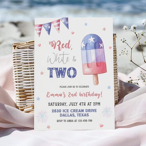 Red White and Two Birthday Invitation, 4th of July Patriotic 2nd Birthday Invite, 4th of July 2nd Birthday Invitation Template, Bomb Pop