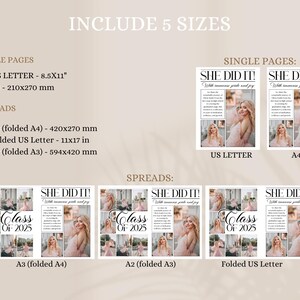 May include: A graduation announcement design with the text "SHE DID IT!" and "Class of 2025". Includes single page sizes of 8.5x11 inches and A4, and spreads in A3, folded US Letter, and A2 sizes. Features a photo of a woman.