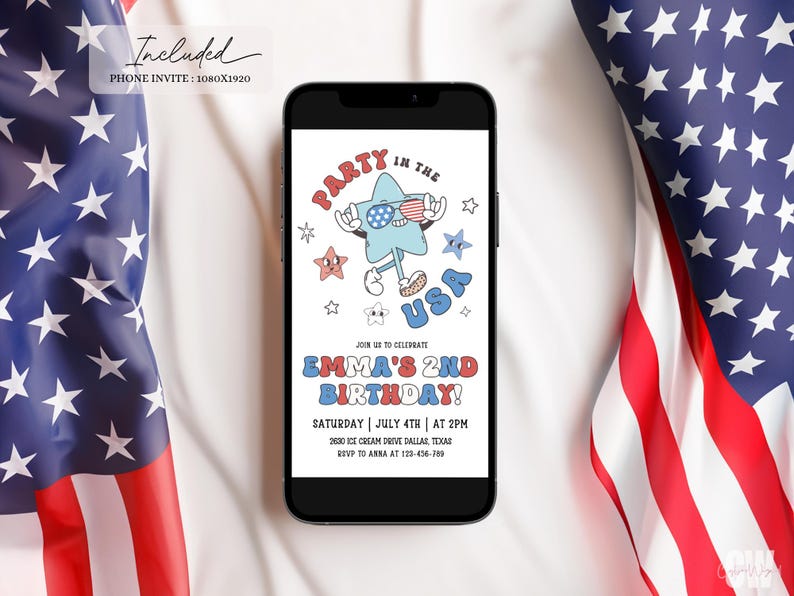 May include: A smartphone displays a Fourth of July birthday party invitation. The invitation features a cartoon star character with sunglasses and the text "Party in the USA." The background includes American flags.