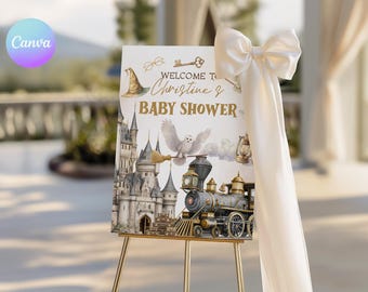 Magical Baby Shower Welcome Sign with Castle and Owl Design | Editable Canva Template - LJ2