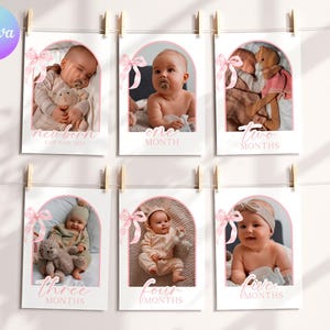 Pink Bow 1st Birthday Photo Garland, Coquette Bow Bday Monthly Photo Banner, Coquette First Year Photos Banner, Pink Ribbon Photo Banner BN1