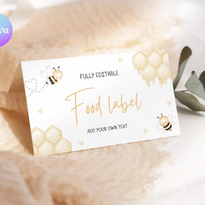 Modèle d'étiquette de nourriture pour le premier anniversaire des abeilles, carte modifiable de tente de lieu de fête pour le 1er anniversaire des abeilles, étiquette de buffet d'anniversaire abeille florale imprimable BE1