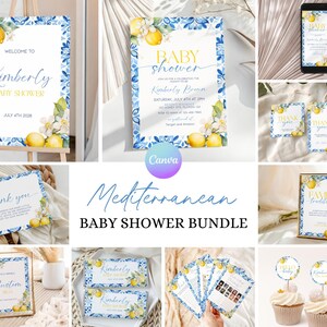 Mediterrane Babyparty Bündel, druckbare Zitrone Babyparty Bündel, italienische Babyparty-Party lädt ein, italienische blaue Fliesen-Dusche-Dekor LM2