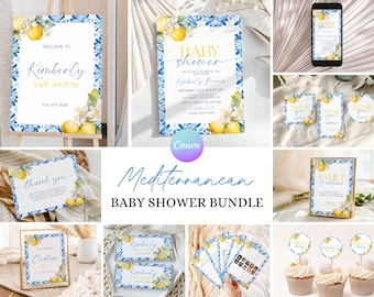 Mediterranean Baby Shower Bundle, Printable Lemon Baby Shower Bundle, Italian Baby Shower Party Invites, Italian Blue Tile Shower Decor LM2