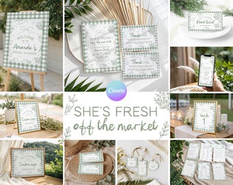 Paquete de despedida de soltera "She's Fresh Off The Market" - Cuadros verdes (plantilla editable de Canva) FH3