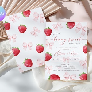 Invito per baby shower "Someone Berry Sweet", invito per baby shower alla frutta, invito per baby shower alla fragola, modello per invito baby shower "Bacca" CP2