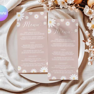 Carte de menu modifiable pour baby shower Boho Daisy, modèle de Menu de baby shower marguerite rose, carte de menu de fête de baby shower floral d'été imprimable DS2