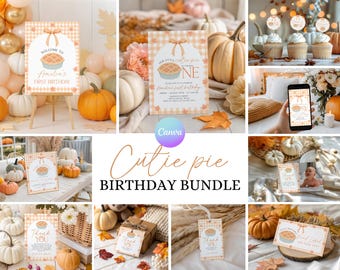 May include: A collection of fall-themed birthday party decorations and stationery. The items include invitations, welcome signs, thank you tags, and cupcake toppers, all featuring a pie graphic and the text "Cutie Pie Birthday Bundle."