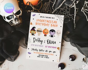 Spooky Halloween Twin Birthday Party Invitation (Digital Download)