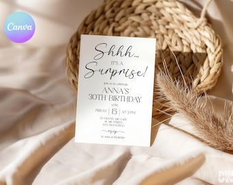Minimalist Surprise Birthday Invitation Template, Men or Women Birthday Invite, Black White Digital Invitation