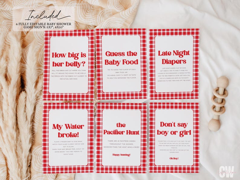 May include: Six printable baby shower game signs with a red and white gingham pattern. The signs include: "How big is her belly?", "Guess the Baby Food", "Late Night Diapers", "My Water Broke!", "The Pacifier Hunt", and "Don't say boy or girl".