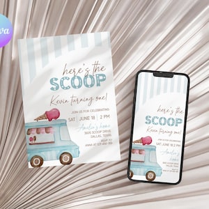 Here&#39;s the Scoop Birthday Invitation Set, Blue Ice Cream Truck 1st Birthday Invite, Ice Cream Van First Birthday Evite, Summer Bday Set TK1