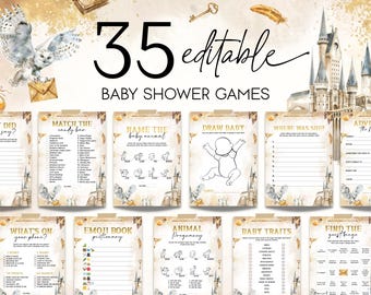 Puede incluir: Un conjunto de 35 juegos de baby shower imprimibles con un tema mágico. Los juegos presentan ilustraciones de búhos, castillos y otros elementos mágicos. Los juegos son editables y se pueden personalizar para adaptarse a cualquier baby shower.