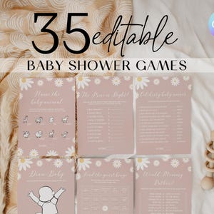 Pacchetto giochi per baby shower Boho Daisy, set di giochi per baby shower floreali, pacchetto giochi per baby shower Daisy, giochi per feste per bambini con margherite rosa modificabili DS2