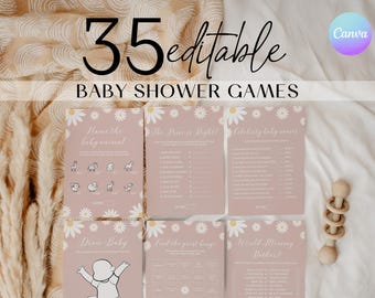May include: A set of 35 printable baby shower games with a pink background and white daisy accents. The games include "Name the Baby Animal", "The Price is Right", "Celebrity Baby Shower", "Draw Baby", "Find the Guest Bingo", and "Would Mommy Rather?"