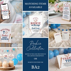Peut inclure: Plusieurs &eacute;l&eacute;ments de d&eacute;coration pour une baby shower sur le th&egrave;me du baseball, en bleu et blanc. L'image pr&eacute;sente des invitations, une pancarte de bienvenue, des cupcakes, des ballons et des cartes avec du texte comme "Merci".