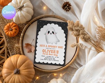 Spooky One First Boo Day Birthday Invitation, Halloween 1st Birthday Invite, Canva Template