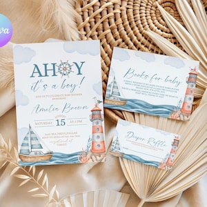 Ahoy It’s a Boy Shower Invitation Set, Nautical Baby Shower Invite Set, Sailor Baby Shower Invitation, Editable Ahoy Baby Shower Evite NA2