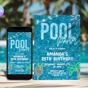Faire-part 25e anniversaire piscine modifiable, faire-part d'anniversaire tropical néon, carte d'invitation fête piscine adulte, fête piscine vacances Evite