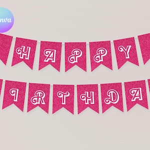 Hot Pink Glitter Birthday Party Wall Banner, Pink Doll Birthday Wall Garland, Malibu Doll Birthday Hanging Banner, Fashion Doll Decor BR2