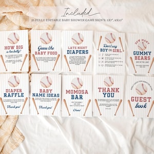 Peut inclure: Ensemble de panneaux de jeu pour une baby shower sur le th&egrave;me du baseball. Chaque panneau pr&eacute;sente un graphisme de baseball et des illustrations de battes de baseball. Les panneaux incluent des phrases comme "How Big is Her Belly?" et "Baby Name Ideas."