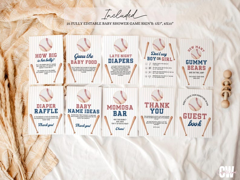 Peut inclure: Ensemble de panneaux de jeu pour une baby shower sur le th&egrave;me du baseball. Chaque panneau pr&eacute;sente un graphisme de baseball et des illustrations de battes de baseball. Les panneaux incluent des phrases comme "How Big is Her Belly?" et "Baby Name Ideas."