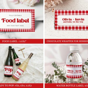 May include: Red and white gingham patterned printable labels for food, drinks, and chocolate. The labels feature the text "Olivia + Kevin and baby on the way". The labels are available in various sizes, including 3.5x2 inches, 5.25x6 inches, and 8x2 inches.