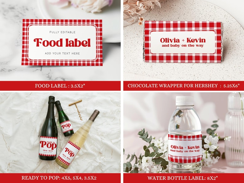 May include: Red and white gingham patterned printable labels for food, drinks, and chocolate. The labels feature the text "Olivia + Kevin and baby on the way". The labels are available in various sizes, including 3.5x2 inches, 5.25x6 inches, and 8x2 inches.