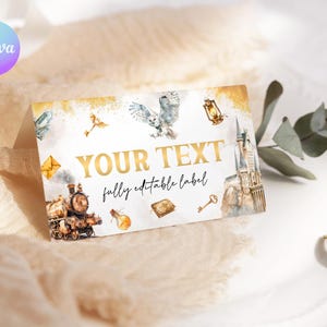 魔法使いの1歳の誕生日フードラベルテンプレート、選ばれし者パーティーの席札、マジシャンの誕生日フードカード、魔法学校パーティーのテーブルデコレーション WD1