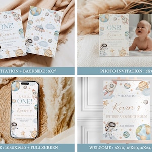 May include: A collection of space-themed party supplies. Includes invitations, a photo invitation, a phone evite, and a welcome sign. Designs feature planets, rockets, astronauts, and the text "5,4,3,2, ONE!" and "Kevin's 1st Trip Around the Sun!"