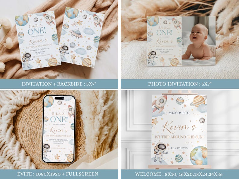 May include: A collection of space-themed party supplies. Includes invitations, a photo invitation, a phone evite, and a welcome sign. Designs feature planets, rockets, astronauts, and the text "5,4,3,2, ONE!" and "Kevin's 1st Trip Around the Sun!"
