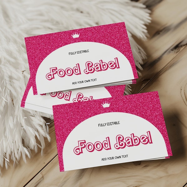 Editable Hot Pink Doll Food Labels Pink Glitter Food Tent Doll Birthday Party Food Label Pink Doll Place Cards Pink Doll Party Labels BR2