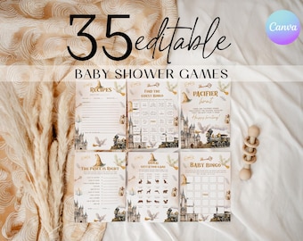 Puede incluir: Un conjunto de seis imprimibles de juegos para baby shower con temática de fantasía. Los juegos incluyen "Recetas" y "Baby Bingo". El texto "35 editable JUEGOS DE BABY SHOWER" se muestra en la parte superior. Un sonajero de madera está a la derecha.