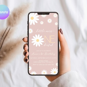 Digital Daisy First Birthday Invitation, Pink Daisy Birthday Party Evite, Boho Daisy Birthday Phone Invite, Miss Onederful Bday Evite DS1
