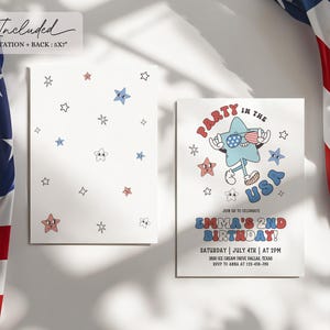 May include: Two white invitation cards with red, white, and blue star designs. One card features the text "PARTY IN THE USA" with a star character wearing sunglasses. The other card has a star pattern. An American flag is in the background.