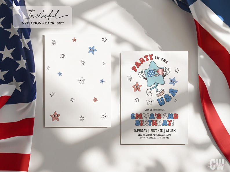 May include: Two white invitation cards with red, white, and blue star designs. One card features the text "PARTY IN THE USA" with a star character wearing sunglasses. The other card has a star pattern. An American flag is in the background.