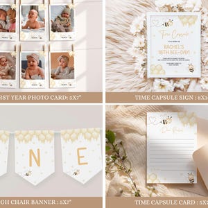 May include: A set of bee-themed party decorations for a first birthday. The set includes a high chair banner with the letter "ONE", a time capsule sign with the text "Time Capsule for Rachel's 18th Bee-Day", a time capsule card with lines for writing, and 12 first year photo cards with a bee and honeycomb design.