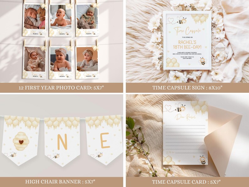 May include: A set of bee-themed party decorations for a first birthday. The set includes a high chair banner with the letter "ONE", a time capsule sign with the text "Time Capsule for Rachel's 18th Bee-Day", a time capsule card with lines for writing, and 12 first year photo cards with a bee and honeycomb design.