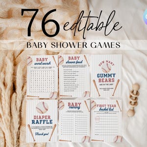 May include: A collection of baby shower games with a baseball theme. The cards feature baseballs, bats, and the text "76 editable BABY SHOWER GAMES". Games include word search, baby shower feud, and diaper raffle.