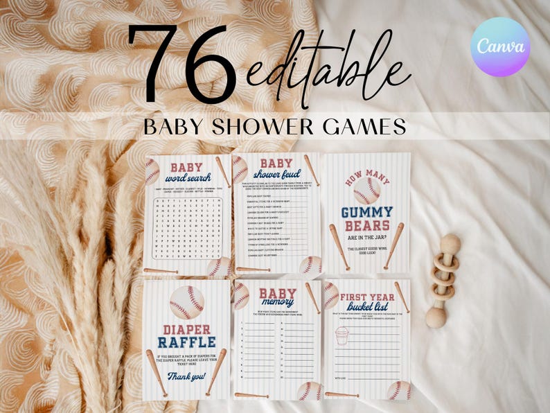 Peut inclure: Ensemble de jeux de baby shower sur le th&egrave;me du baseball. Les cartes pr&eacute;sentent des balles de baseball, des battes et le texte "76 editable BABY SHOWER GAMES". Les jeux incluent une recherche de mots, une querelle de baby shower et une tombola de couches.