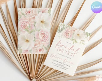 Invitación de brunch nupcial en rosa, invitación de novia con flores de primavera, invitación de despedida de soltera con rosas rosas, invitación de brunch nupcial con flores de color rosa empolvado